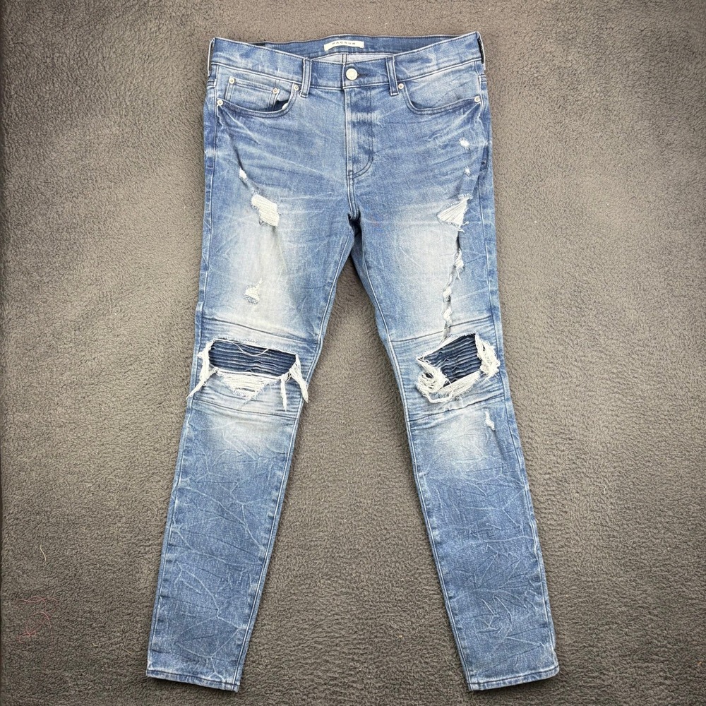 PacSun Stacked Skinny Distressed Moto Biker Jeans Blue Acid Wash Mens 32x32